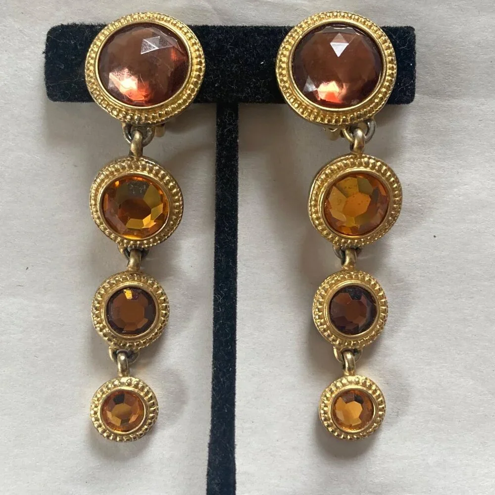 Vintage Ben Amun Clip On Dangle Earrings Amber Gold Tone Gems Regency Statement - Picture 1 of 9